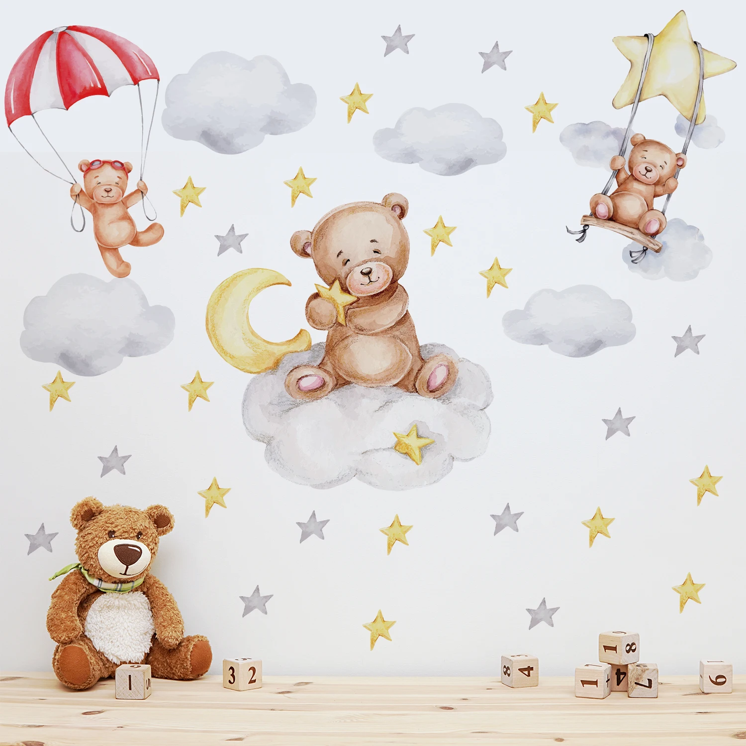 Cartoon Sleeping Bear Wall Sticker Little Baby Bear On The Swing Hot Balloon Bruin Wall Decals Nursery Home Wallpaper