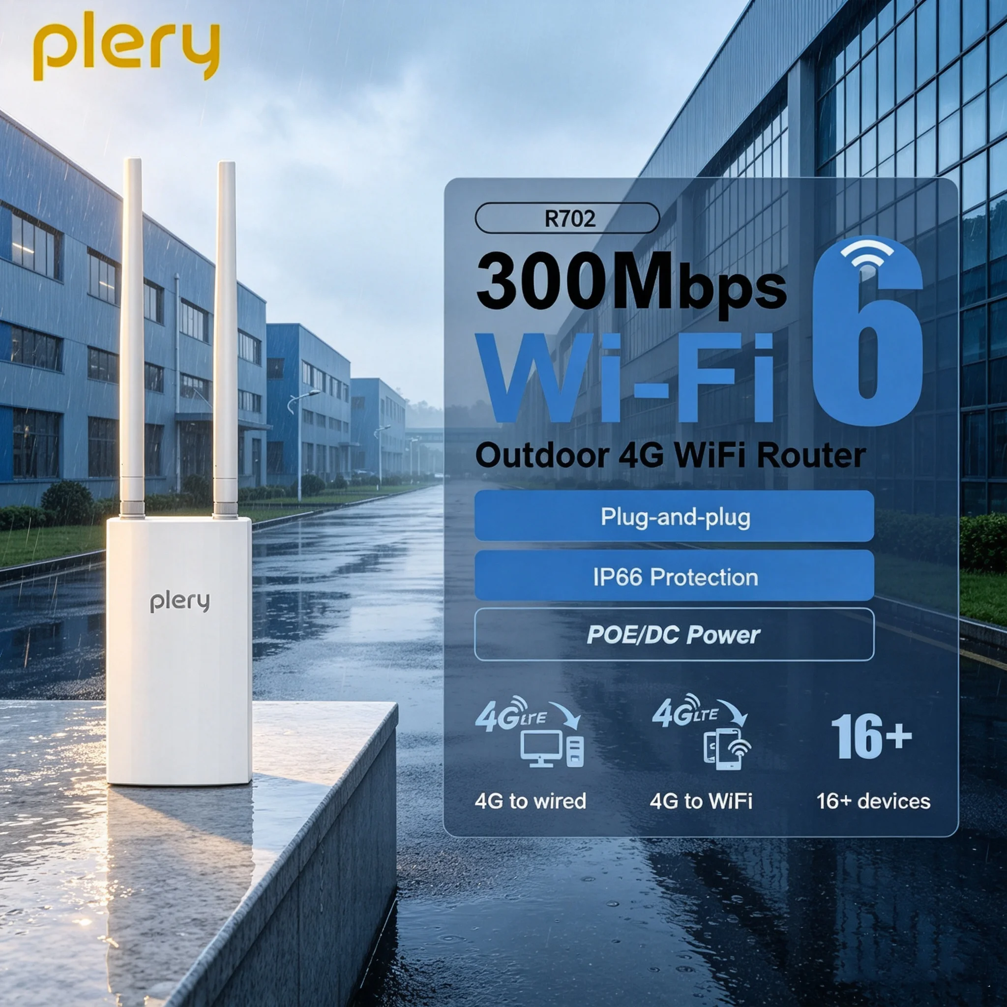 PLERY 300Mbps 4G Outdoor Router Insert a Sim WiFi6 16 User Wifi signal Router Wifi Wireless Extender amplifier plug and play