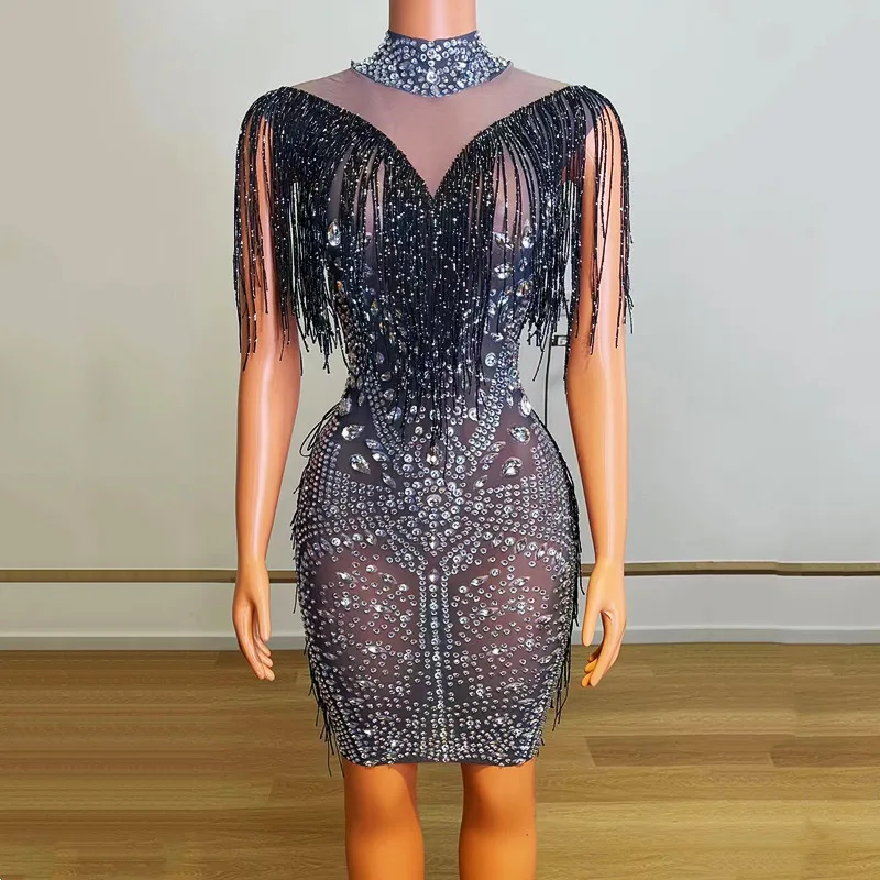 

Bar Stage Singer Transparent Fringe Dance Costume Shiny Rhinestones Tassel Mesh Bodycon Short Dress Birthday Party Show Dresses