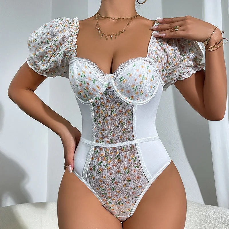 

Puffy Sleeves Bodysuits For Women Vintage Court Jumpsuit Thongs One Pieces Slim Fitted Floral Body Shaper Tops Shapewear Outfits