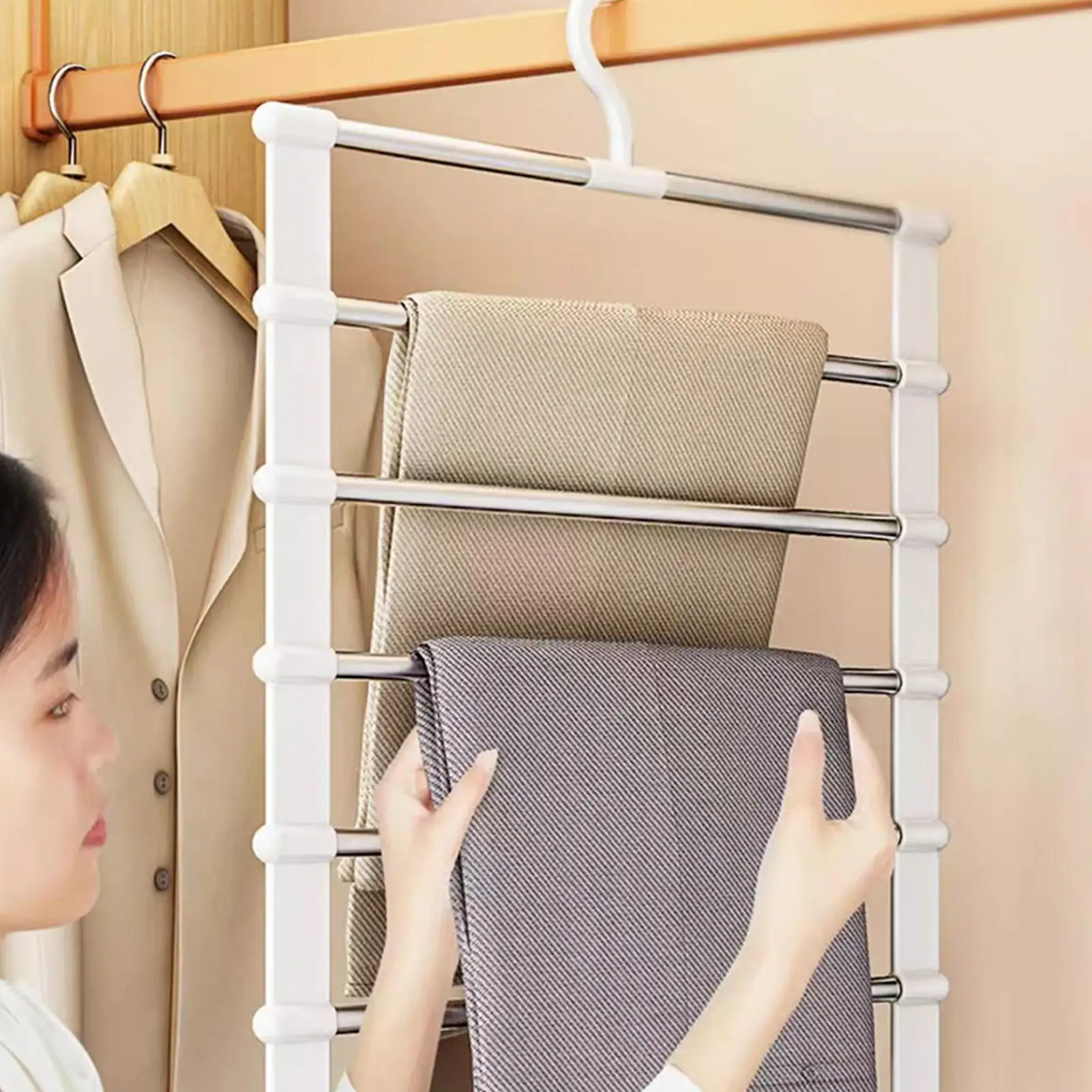 6Layers Stainless Steel Trouser Hanger Magic Pants Rack Space Saving Clothes Organizer Foldable Wardrobe Hanger Storage