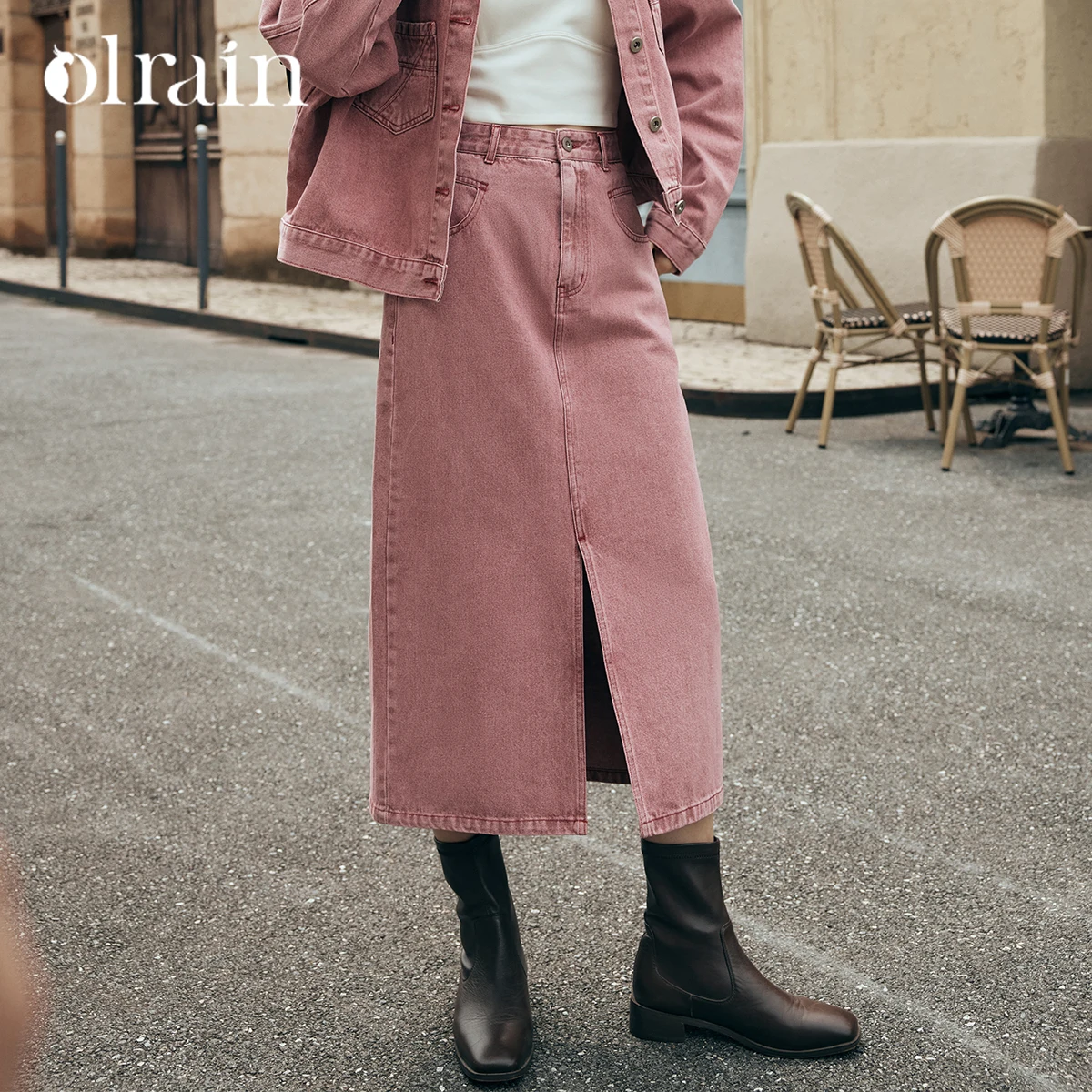 OLrain French  Denim Skirt Women 2026 Autumn High Waist Slit Hem Straight Midi Split Jeans Skirt Ladies Clothing O23QB80630
