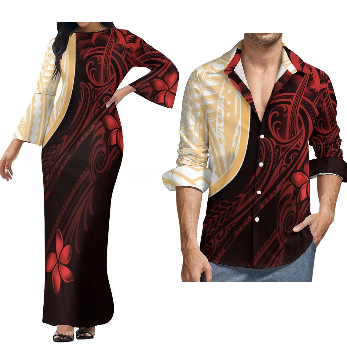 Custom Women'S Dress High Waisted Slit Long Samoan Polynesian Design Couple Dress With Men'S Shirt Free Shipping