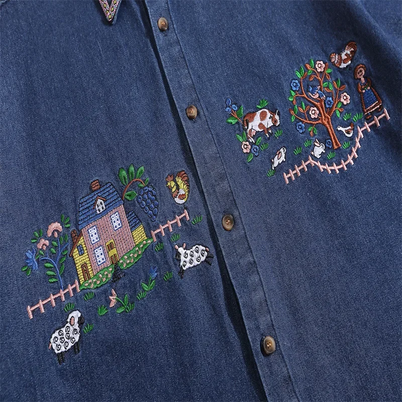 Cartoon Embroidery Cargo Shirts Mens Summer Retro Casual Streetwear Lapel Single Breasted Short Sleeve Denim Shirt Men Clothing