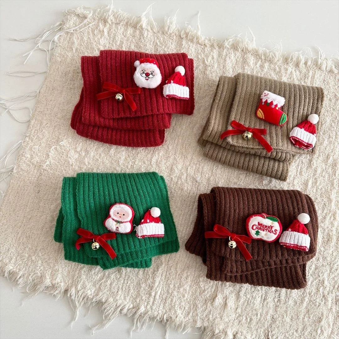 Kids Christmas Knitted Scarf Girls Boys Santa Snowman Bell Warm Soft Winter Outdoor Holiday Party Child Neck Warmer Accessory