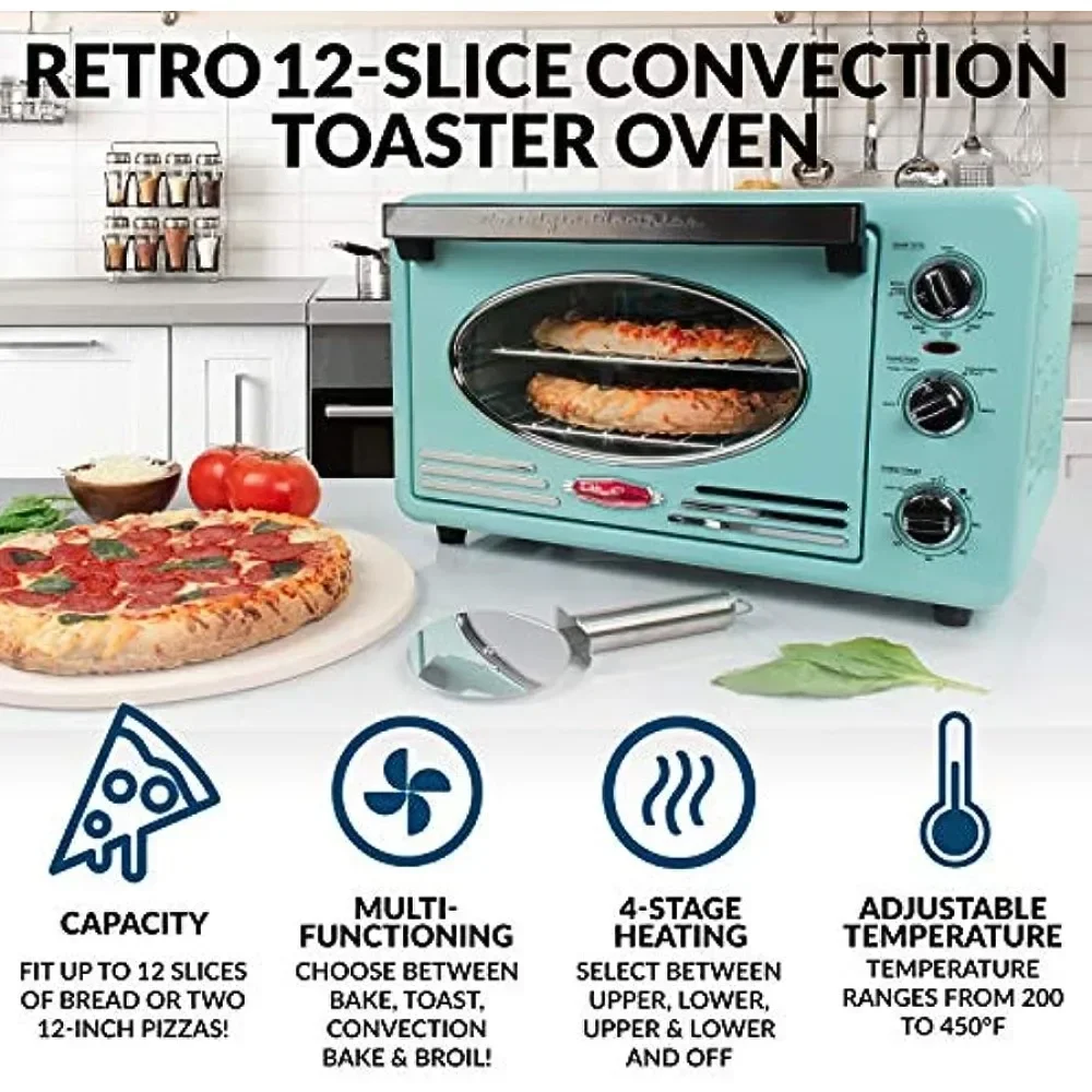 Nostalgia 0.7 Cu Ft Retro Toaster Oven with 4 Cooking Functions Fits 12 Slices of Bread, Two Pizzas