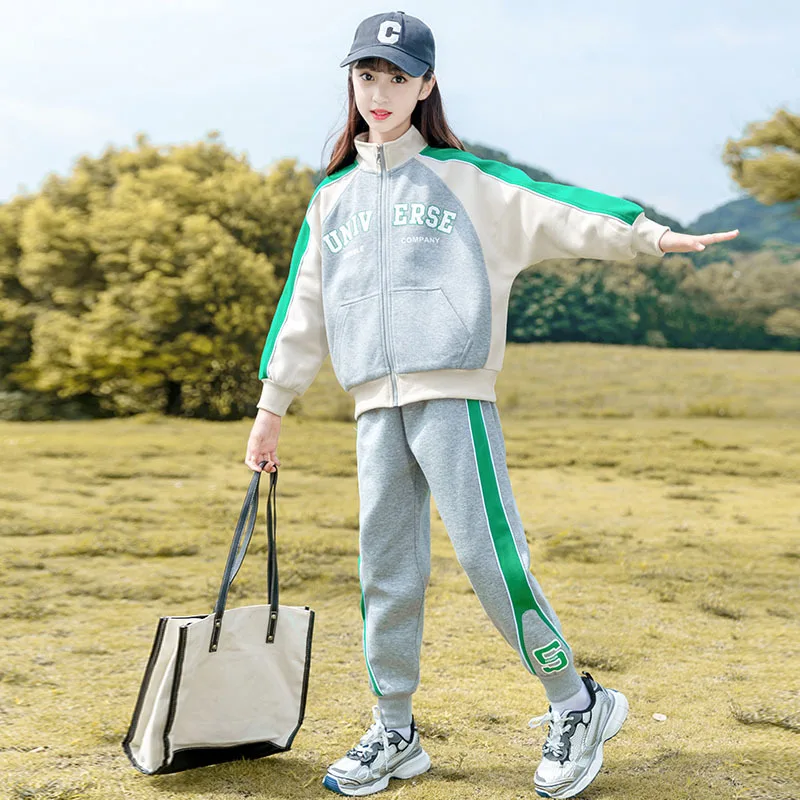 

2025 Autumn School Girl Tracksuit Junior Girl Zipper Sweat Jackets+Striped Sweatpants Child Jogging Workout Sets 4-12Years