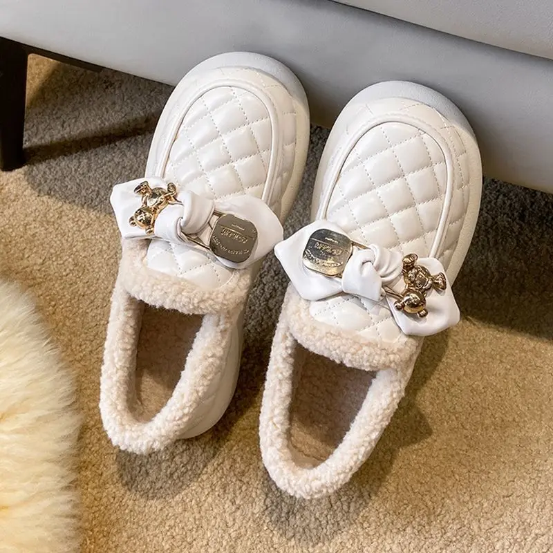 Feerldi مقاوم للماء الفراء الأخفاف امرأة شتاء دافئ أفخم الشقق السيدات البيج الأسود أحذية الباليه مقاومة البرد أفخم المتسكعون #2