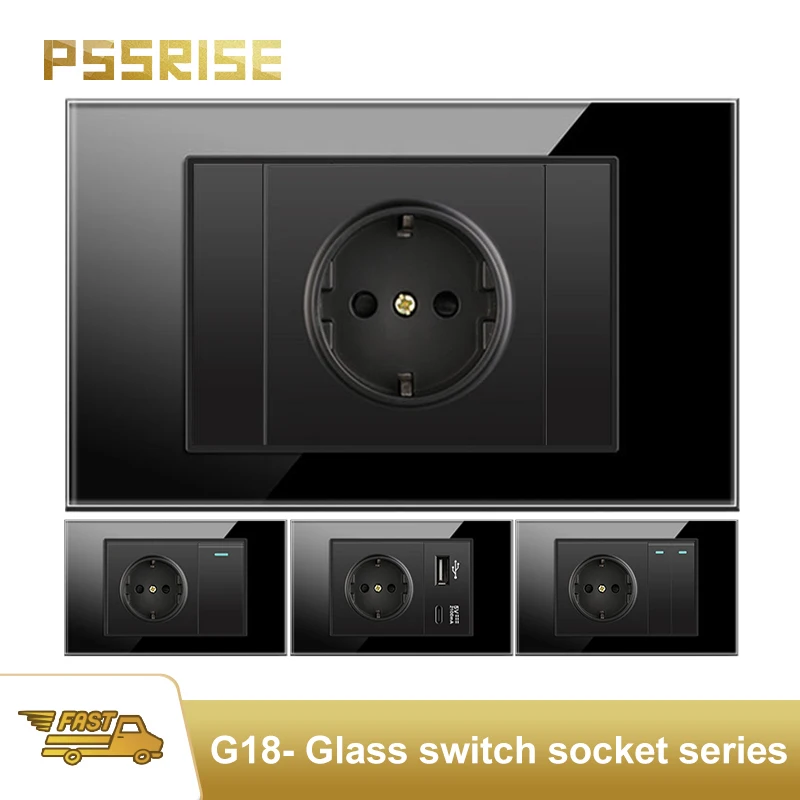 

PSSRISE EU Italy G18 Wall socket 5V 2.1A USB Type-c charger Power Socket Black Glass Panel Light switch TV phone Computer socket