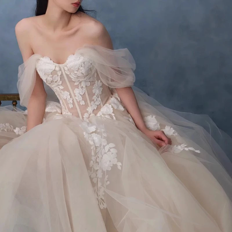 Vestido De novia De satén con hombros descubiertos, traje elegante con apliques, escote corazón, con cordones, talla grande