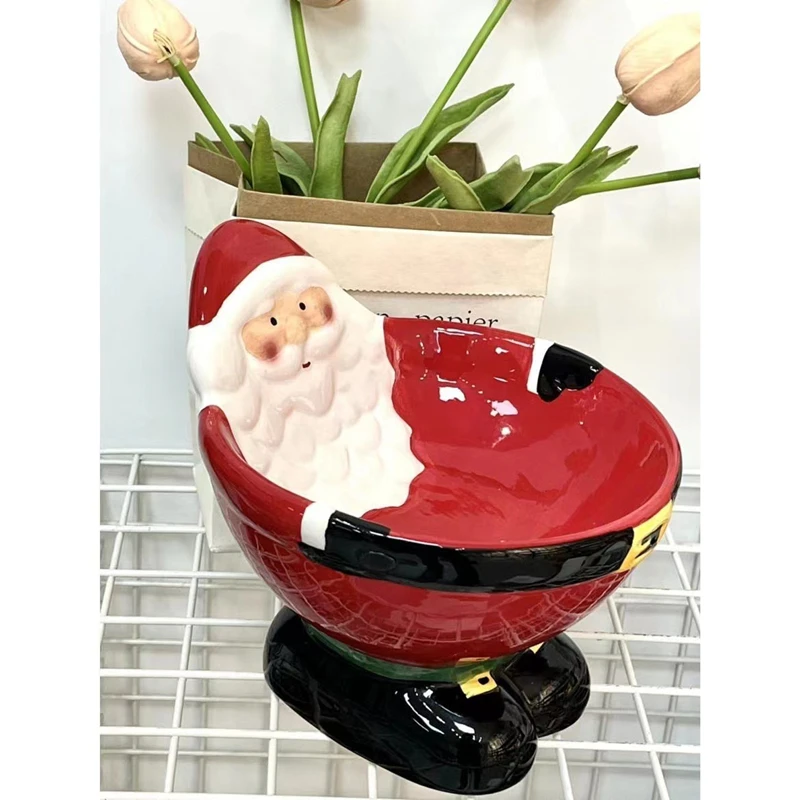 Santa Claus Ceramic Pet Bowl Household Holiday Tabletop Ornament Tall Pet Tableware Christmas Home Decor  Pet Supplies