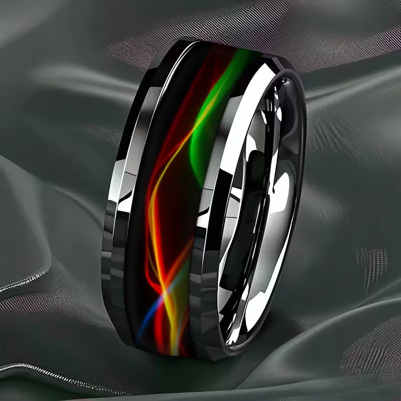 Cyberpunk Rainbow Aurora Grain Inlay Galaxy Style Men Stainless Steel Rings, Polished Beveled Edge Rings for Men Wedding Bands