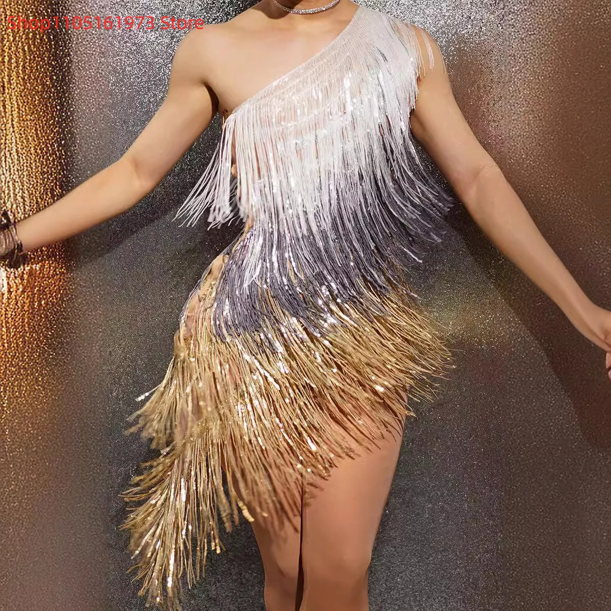 فستان سهرة بكتف بلينغ بلينغ مهدب متألق ومطرز بالترتر فستان حفلة موسيقية زي جوجو