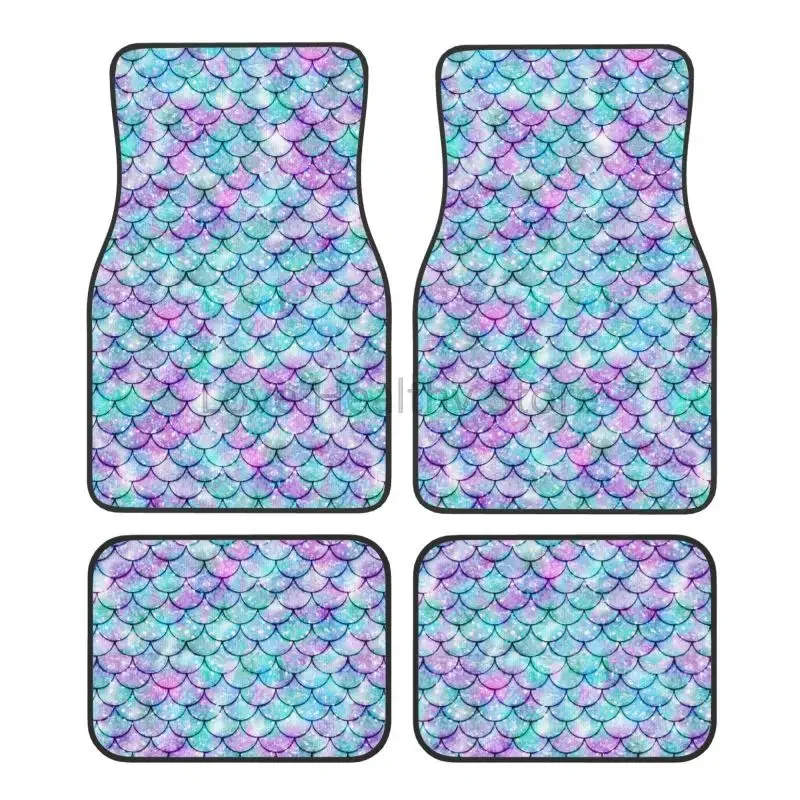 Ensemble de 4 tapis de sol de voiture sirène, imprimé écailles de sirène bleues, tapis de pied avant et arrière de véhicule, motif écailles de poisson