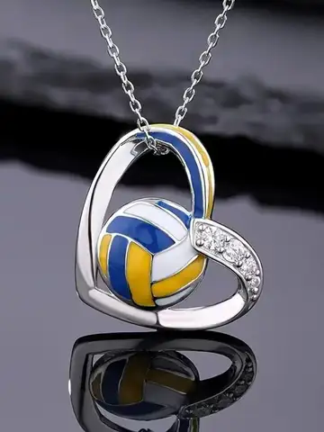 New heart-shaped volleyball diamond studded men's necklace, fashionable and versatile sports accessory pendant