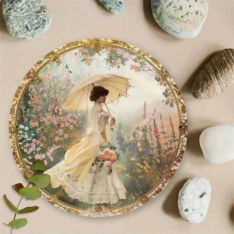 Room Decoration Vintage Lady Theme Metal Sign - Depicting a Garden Walk under a Victorian Lace Umbrella - 7.87X 7.87inch Ro