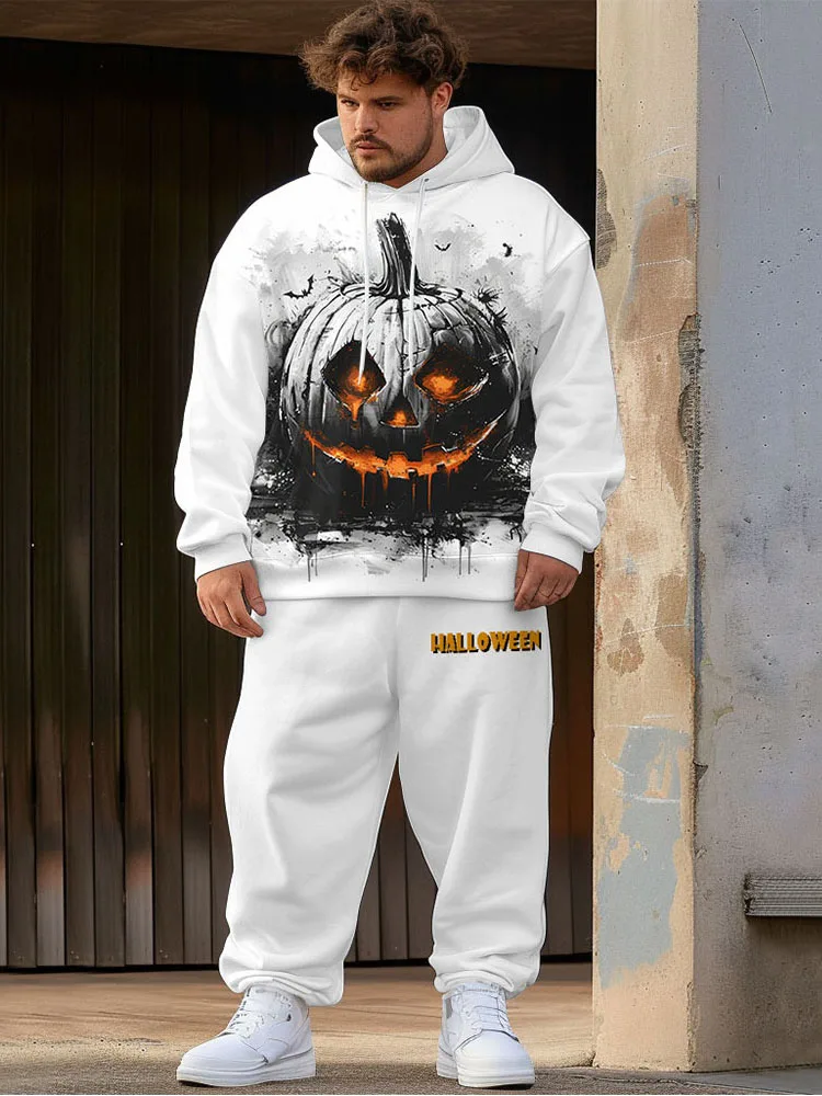 Biggmans Halloween Pumpkin Print Plus Size Outfit Casual Men Hoodie Long Pants Party Suit Club Male Letter Trouser Two Piece Set