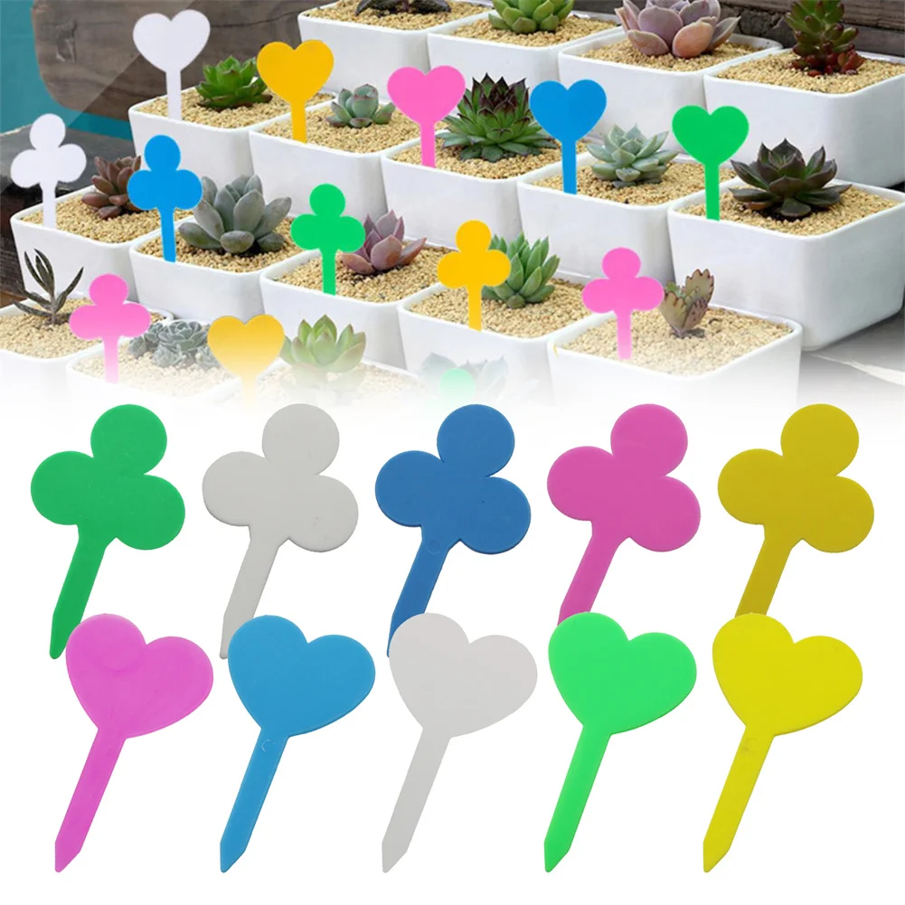 

Garden Plant Labels Heart Shape Plastic Tags Clover-Shaped Flower Herb Nursery Mark Signs DIY Planter Decor Tool Multiple Colors