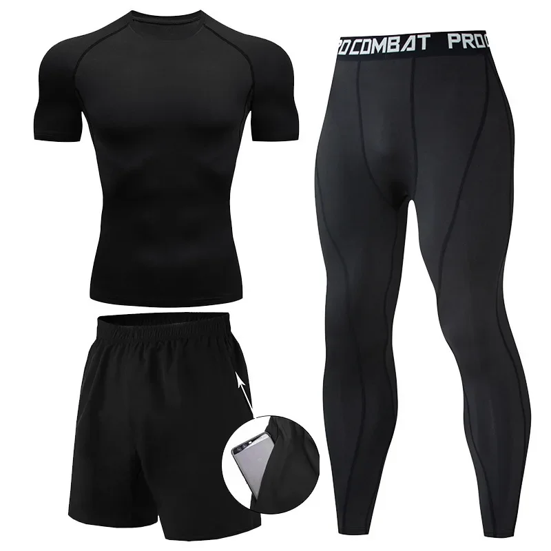 Trajes de Fitness de 3 piezas, conjuntos de compresión de entrenamiento atlético para hombres, camiseta interior de manga corta con protección contra sarpullidos, Tops, mallas, pantalones cortos