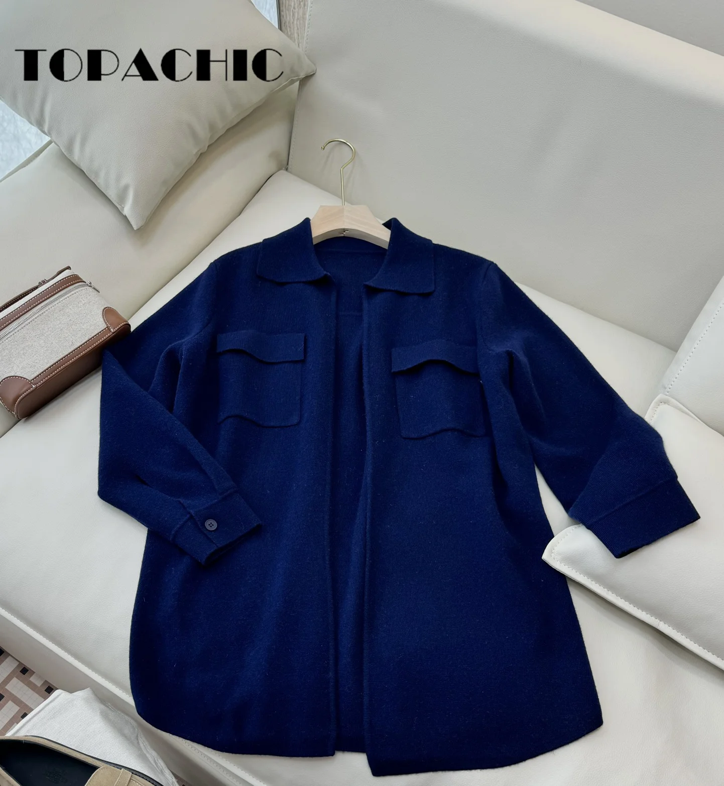 9.4 TOPACHIC Women Embroidery Letter Wool Knit Soft Comfortable Cardigan Elegant Lapel Pocket Loose Casual Long Knit Coat