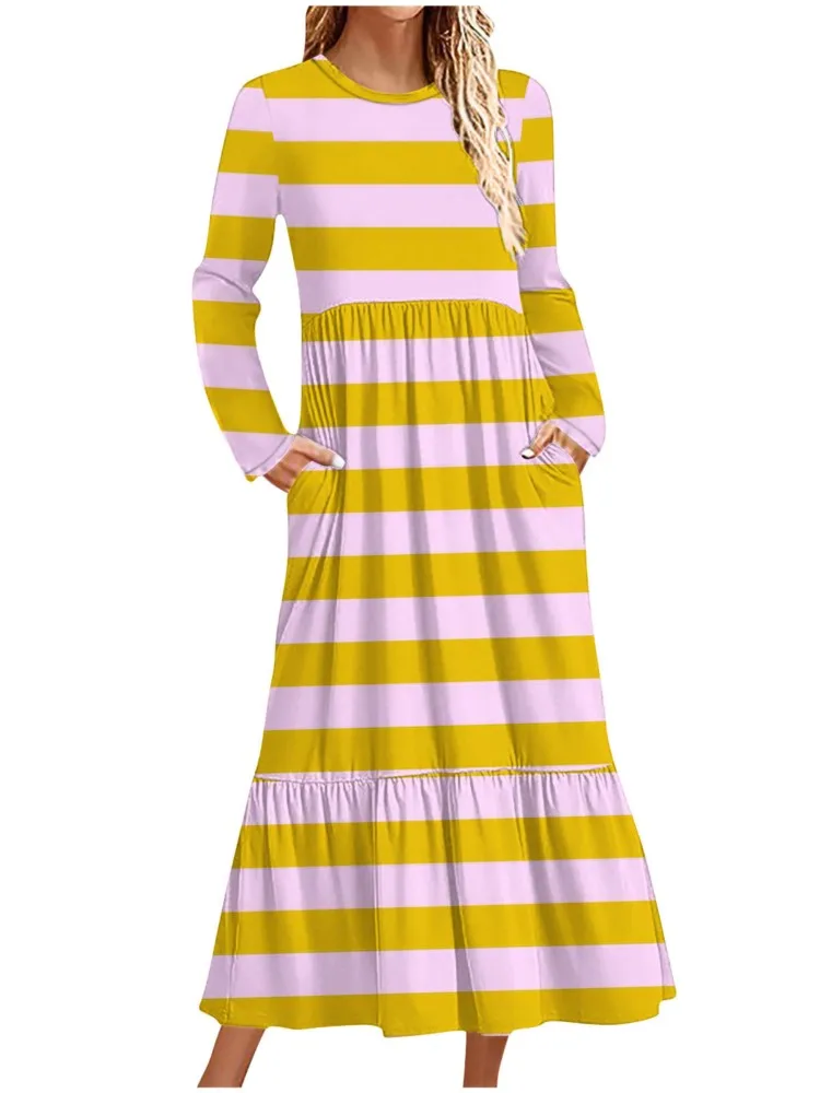 

Dresses For Women New Contrast Striped Printed Pocket O-neck Long Sleeve And High Waist Commuting Vintage Spring Autumn Vestidos