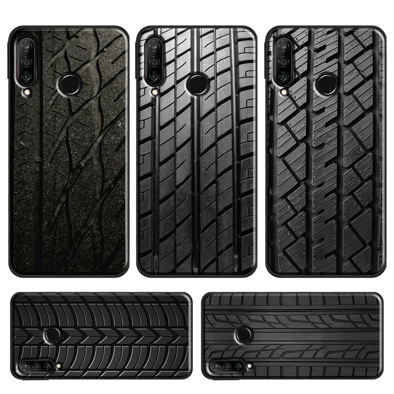 Black Tyre Tread Texture Case For Huawei P Smart 2019 Z P30 Lite P20 P40 Pro Mate 20 Lite Nova 5T Honor 50 10i 8X 9X