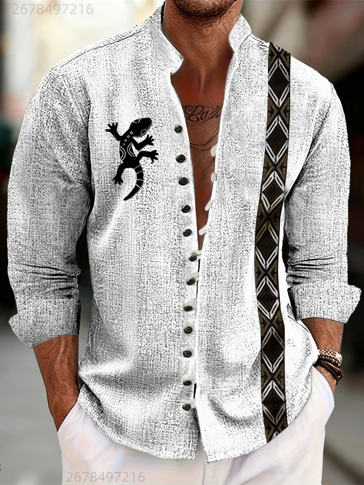 Bohemian Style Men's Stand-Up Collar Long-Sleeved Shirt with Gecko Print on the Chest and Geometric Webbing Design on the Sides
