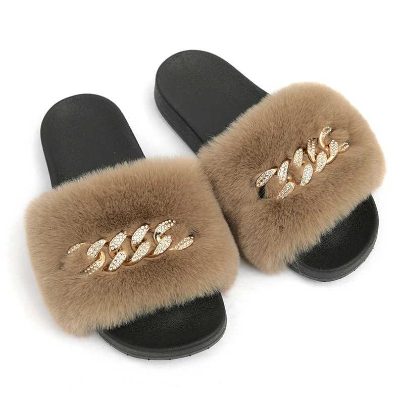 Fashion Women Furry Slippers Ladies Shoes Plush Rex Rabbit Fur Fluffy Sandals Women\'s Fur Slippers Winter Warm Slippers