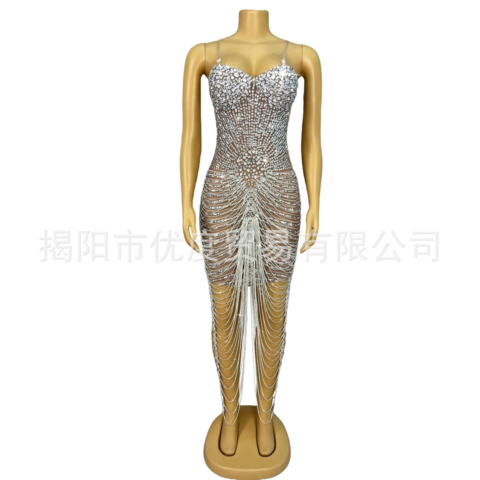 

Niche Slim Fit Sexy Tube Top Suspender Shiny Rhinestone Diamond Chain Cocktail Party Dress Performance Stamen Star Dew Robe Fête
