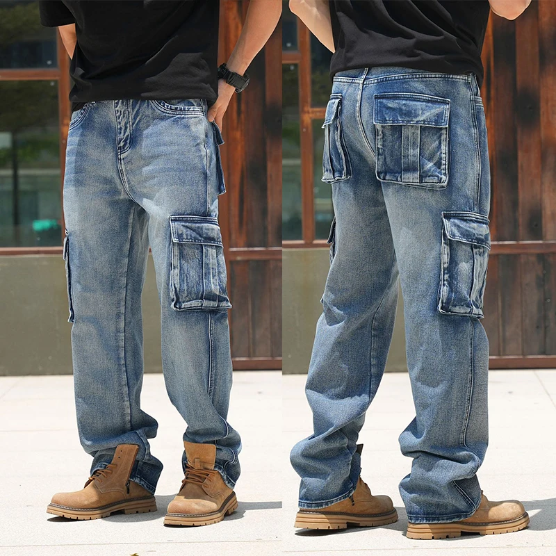 Fashion Multi Pocket Jeans Men Overalls Big Size Trousers Autumn Winter Streetwear Men Cotton Mens Denim Skateboard Pant
