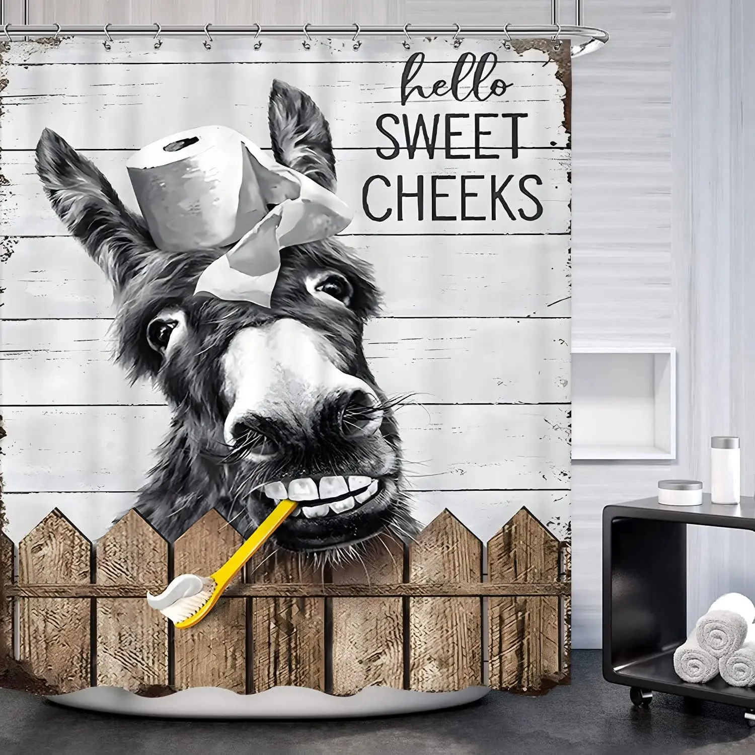 Rustic Farmhouse Donkey Shower Curtain, Hello Sweet Cheeks Western Black White Farm Animal Waterproof Bathroom Decor With Hooks