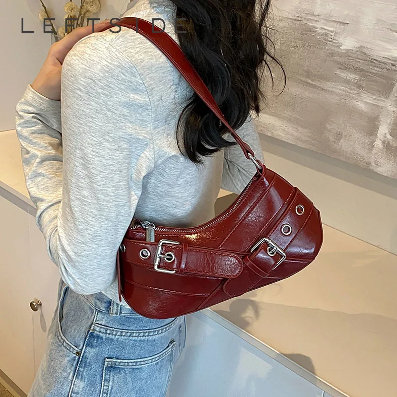 LEFTSIDE Y2K Belt Design Pu Leather Underarm Bags for Women 2024 Trend Fashion Shoulder Bag Lady New Handbags Crossbody Bag