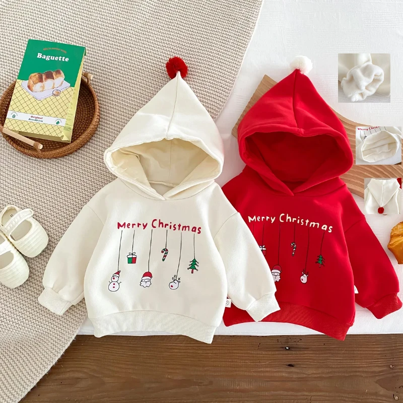 Autumn Winter Boy Baby Christmas Fleece Cartoon Hoodie Girl Children Thick Letter Sweatshirt Fashion Kid Plus Velvet Cotton Tops