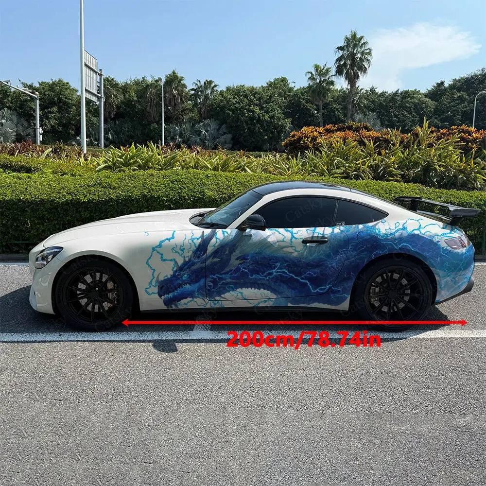 2pcs Lightning Blue Divine Dragon Car Side Wraps, Self-Adhesive PVC Waterproof & Scratch-Resistant Stickers, Car Accessory Gift