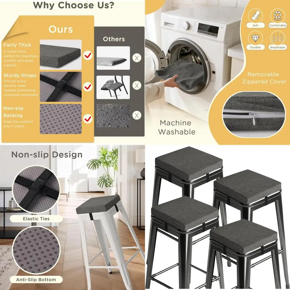 

Набор из 4 квадратных подушек для барных стульев 12x12 дюймов с завязками, моющиеся чехлы темно-серого цвета