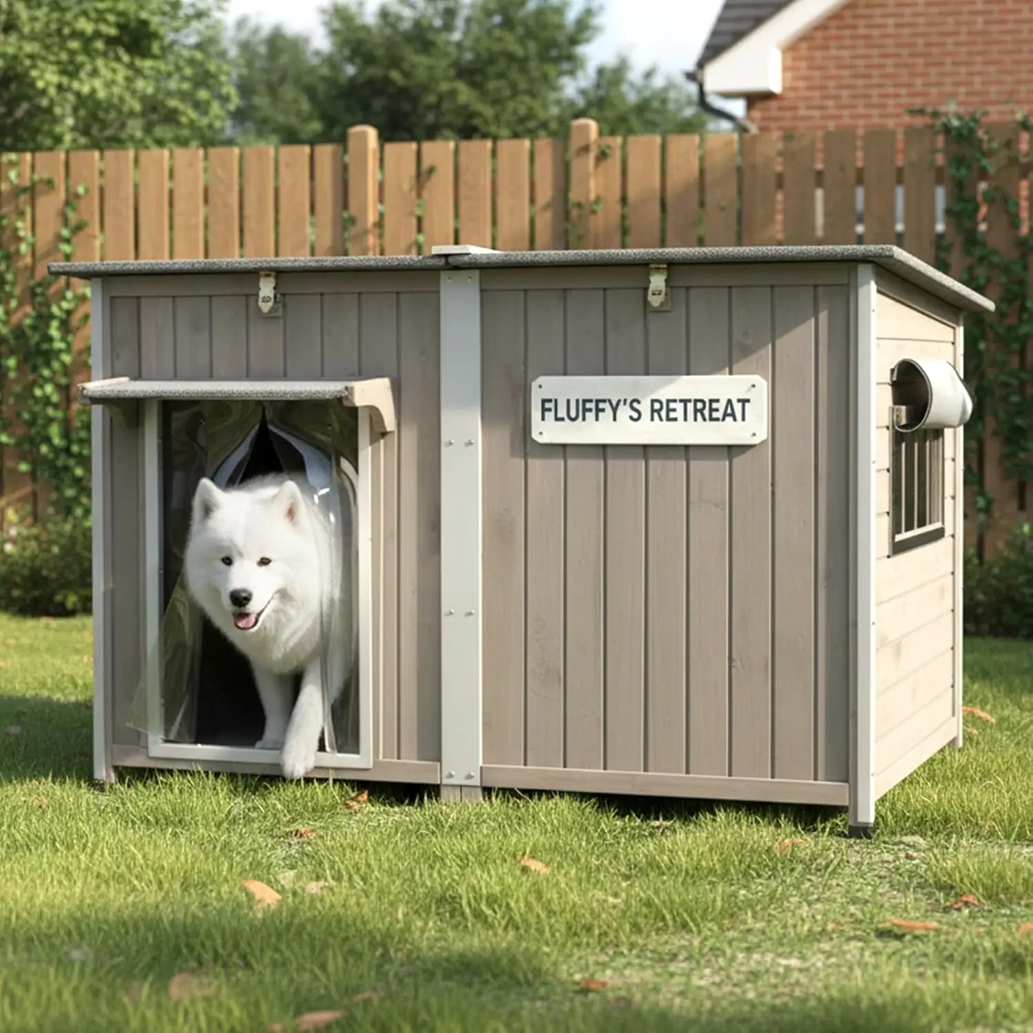 

55"L Dog House Outdoor Large Breed Extra XL Wooden Dog House with Weatherproof Asphalt Roof, All-Around Iron Frame, Removable Fl