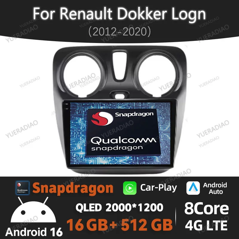 Rádio Automotivo Android 16 para Renault Dokker Logan 2012 - 2020 Qualcomm Multimídia Estéreo Reprodutor de Vídeo 4G WIFI Unidade Central com Câmera 360
