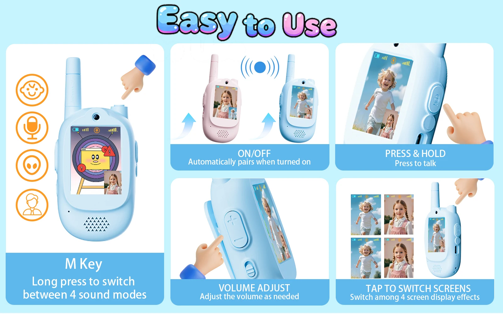 أجهزة اتصال لاسلكية فيديو للأطفال، عبوة من قطعتين من أجهزة اتصال لاسلكية لتغيير الصوت مع أشرطة ساعات للأطفال من سن 3 إلى 12 عامًا