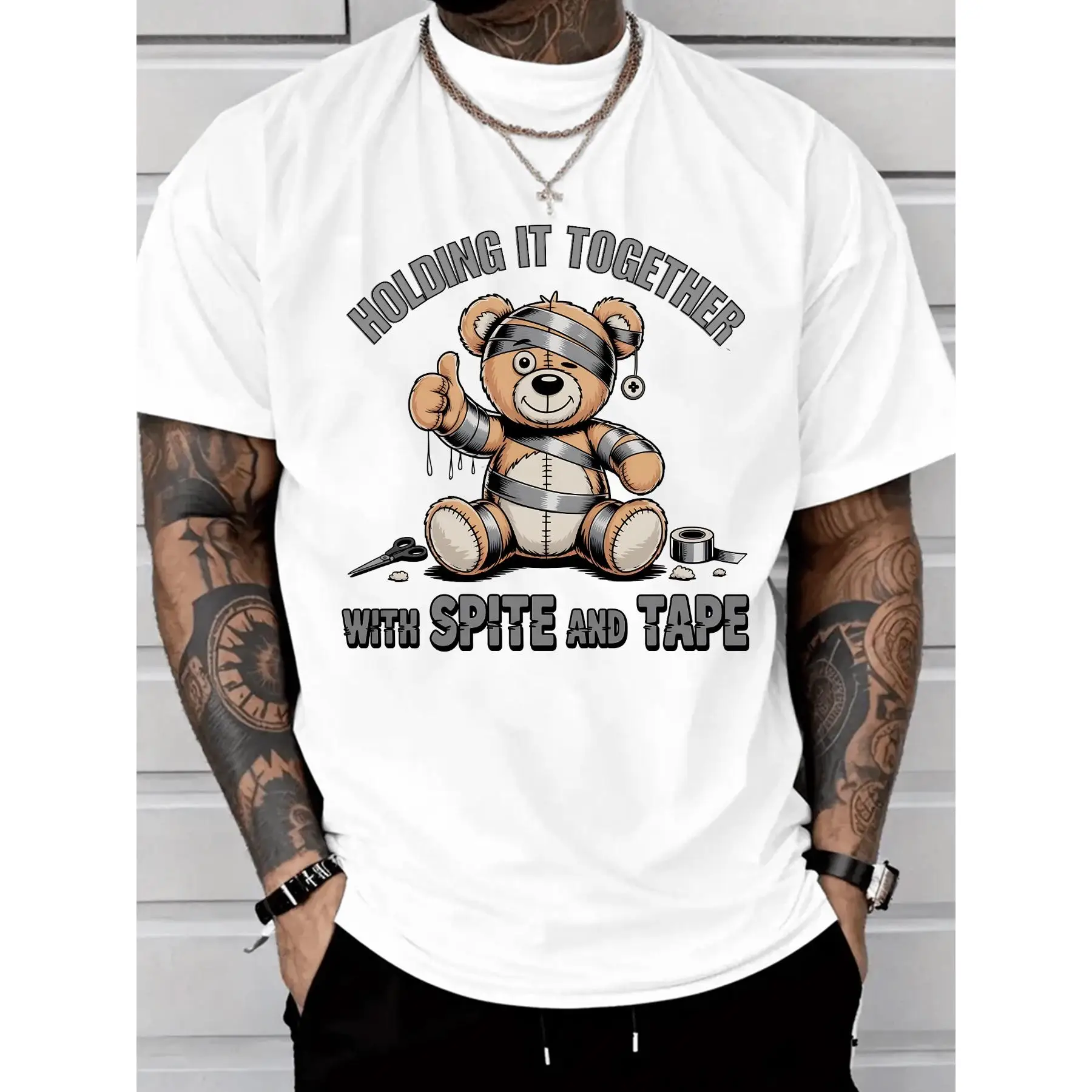 

Funny Spite And Tape T-Shirt Men Women Holding It Together Bear Tee Humorous Resilience Gift Sarcastic Mental Health Top