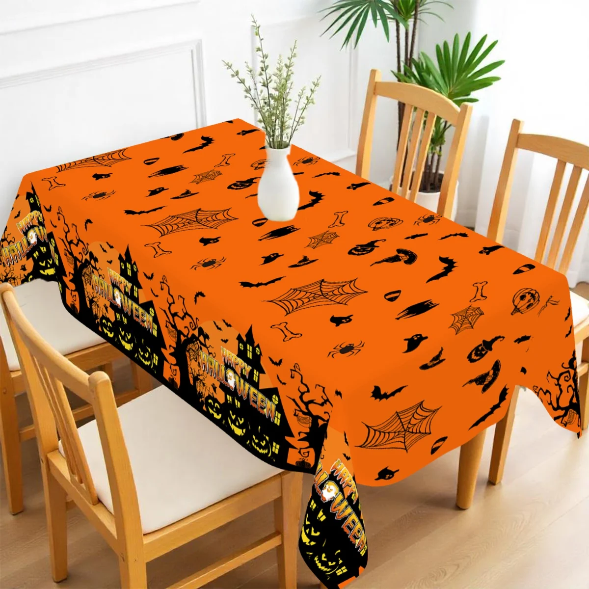 قطعة واحدة من غطاء طاولة شبح الرعب باللون البرتقالي والأسود، مفرش طاولة للهالوين السعيد للخدعة أو الحلوى لتزيين المنزل