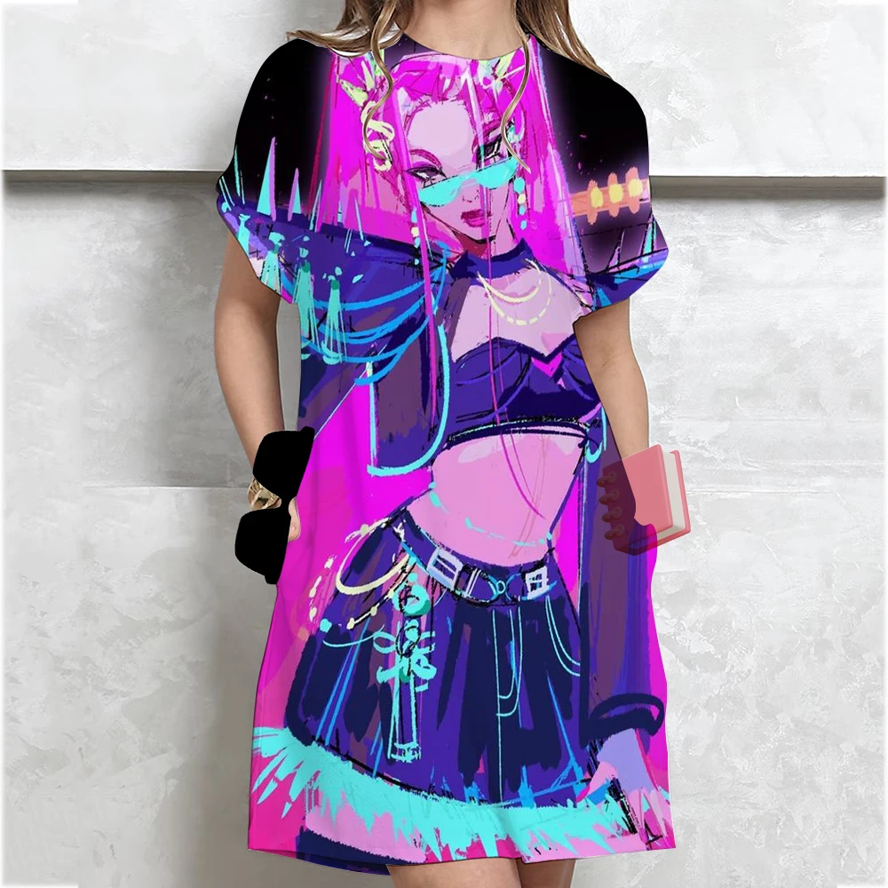 ﻿   Dames zomer nieuwe T-shirtjurk met korte mouwen Kpop Demon Hunters Huntrix losse halflange overknee-jurk