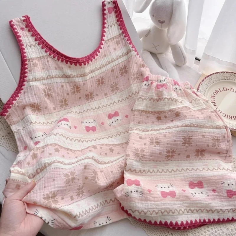 Cloud Cotton Pajamas for Women Cat Print Sleeveless Vest Shorts Suit Sweet Style Home Clothes 2026 New Женская Пижама