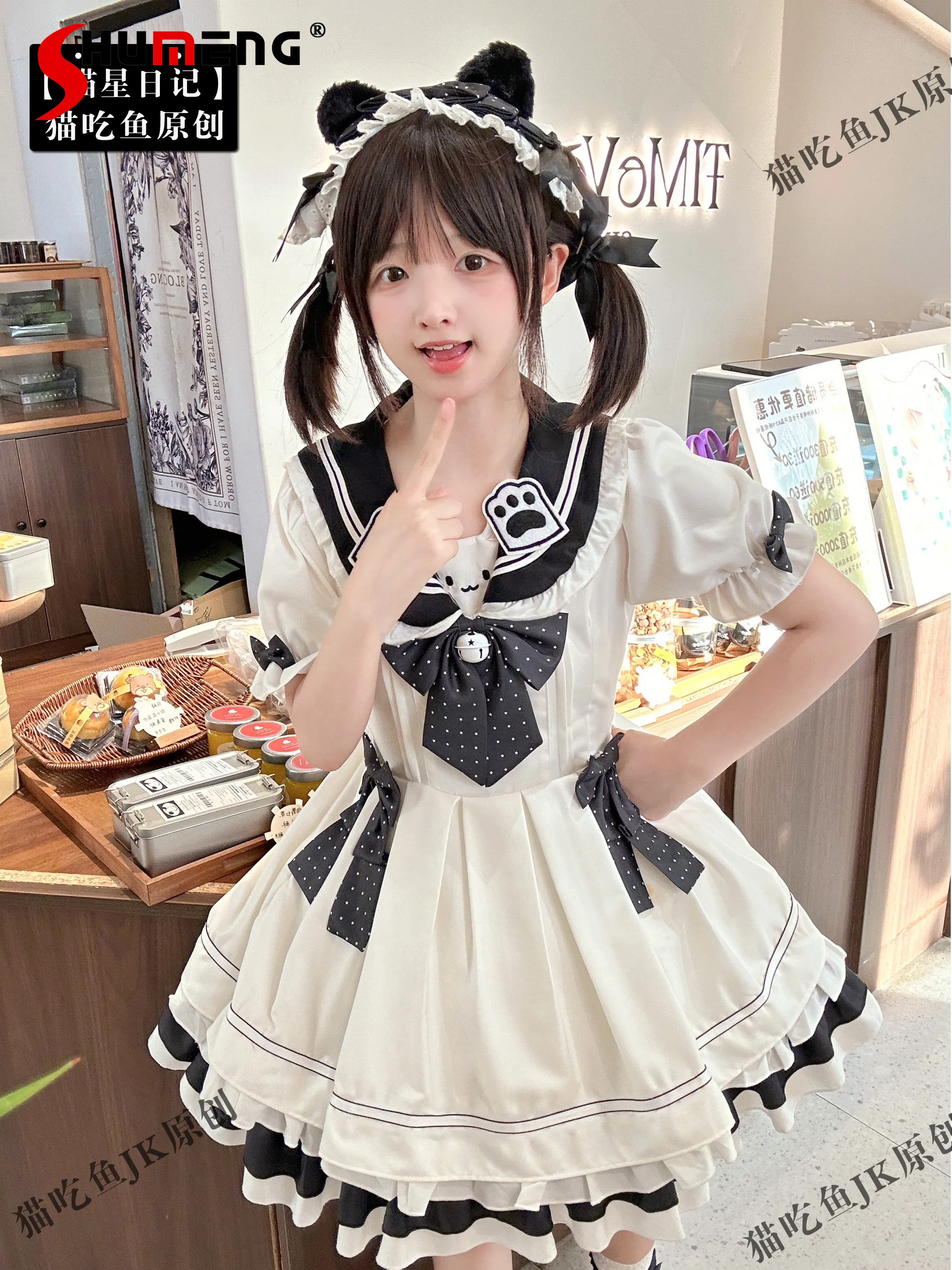 

Original Japanese Sweet Cute College Style JK Dress Navy Collar Polka Dot Bow High Waist A-line Kawaii Lolita Short Dress Women