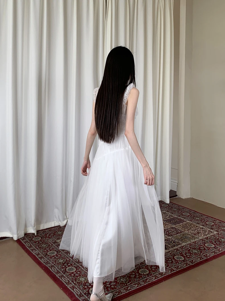 Sukienka balowa bez rękawów CHEERART, biała, tiulowa, urodzinowa, damska, letnia, z siateczkowymi tunikami, długa sukienka wieczorowa na ramiączkach w kształcie litery A.