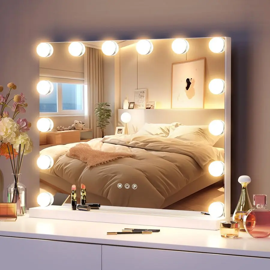 

Vanity Mirror with 14 LED Bulbs, Professional Lighted Makeup Mirror with Adjustable Brightness amp 3 Color Temperatures, Light u