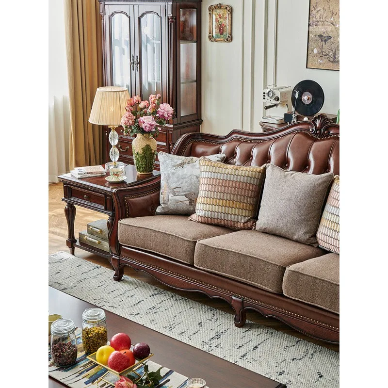 

American solid wood sofa gold silk teak first layer oil wax skin all solid wood living room sofa three-person Dilo Fort furnitur