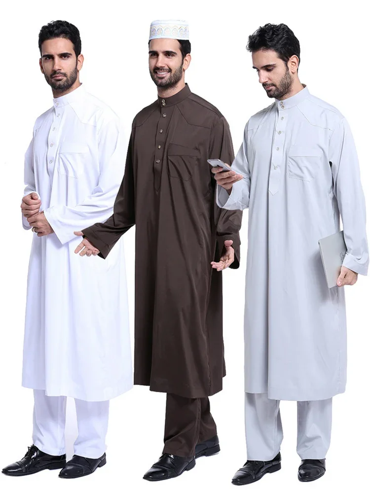 Dubai Arab Islam Muslim Men Jubba Thobe Clothing Sets Long Robe 2 Piece Set Tops and Pants Saudi Musulman Ensembles Wear Sets