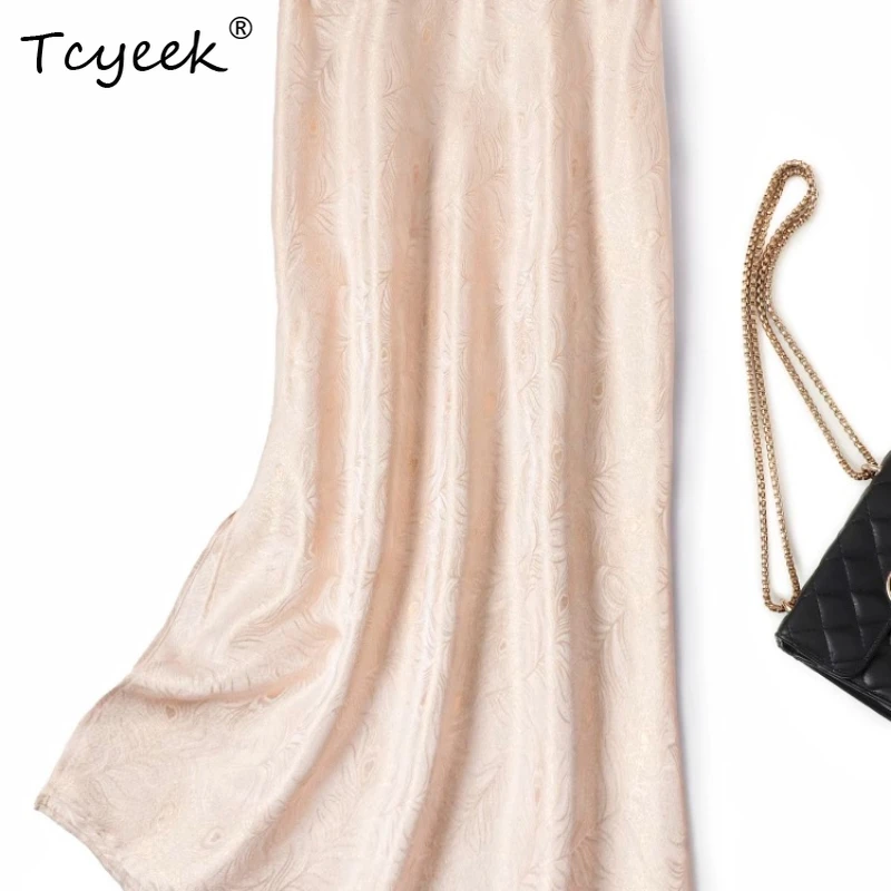 Tcyeek 100% Real Mulberry Silk Summer Thin High Waisted Slit A-line Loose Mid Length Solid Color Women's Skirt Юбка Женская スカート