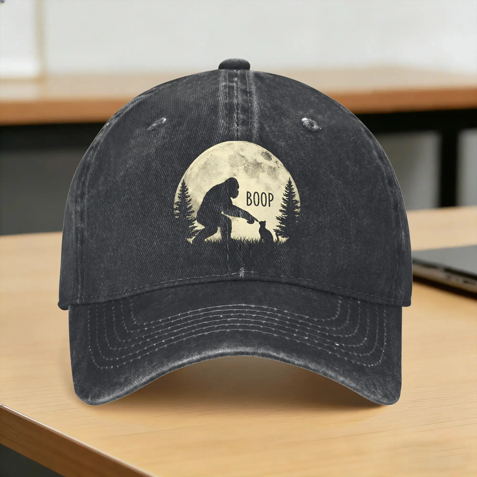 Fun Hand Boop Nose Bigfoot Cat Under Full Moon Night Lovers Washed Baseball Cap  Fashion Sun Trucker Hat Summer Baseball Caps