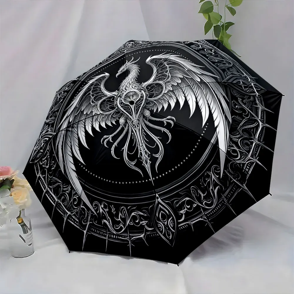 1PC Elegant Phoenix Umbrella with Intricate Black and White Art Print 8 Iron Ribs Folding Umbrella Auto-Open Fashion Sunshade